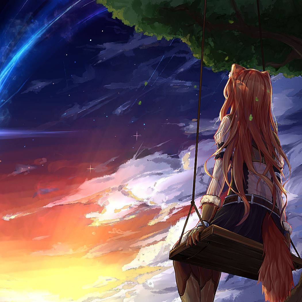 貓耳動漫女孩在鞦韆上觀看色彩繽紛的日落和宇宙天空。