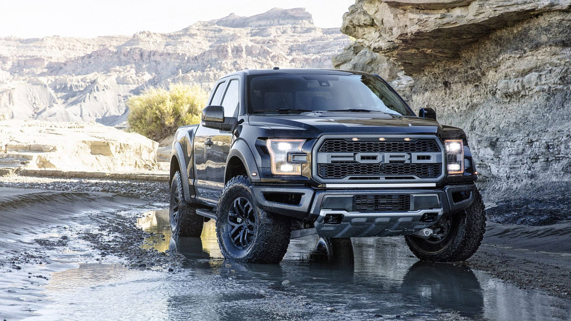 光澤黑漆福特Raptor 壁紙 — 一輛黑色福特 F-150 Raptor 卡車在崎嶇的沙漠峽谷中駛過淺水，周圍有岩石峭壁和稀疏的灌木。