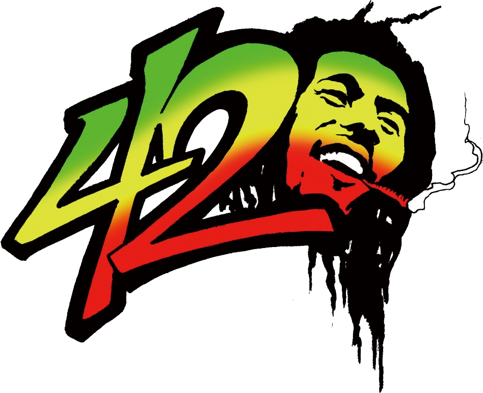 Rasta420藝術作品 壁紙 — 大膽的圖形，將 Bob Marley 的臉與數字 42 以雷鬼色調融合，煙霧從他的嘴中升起。