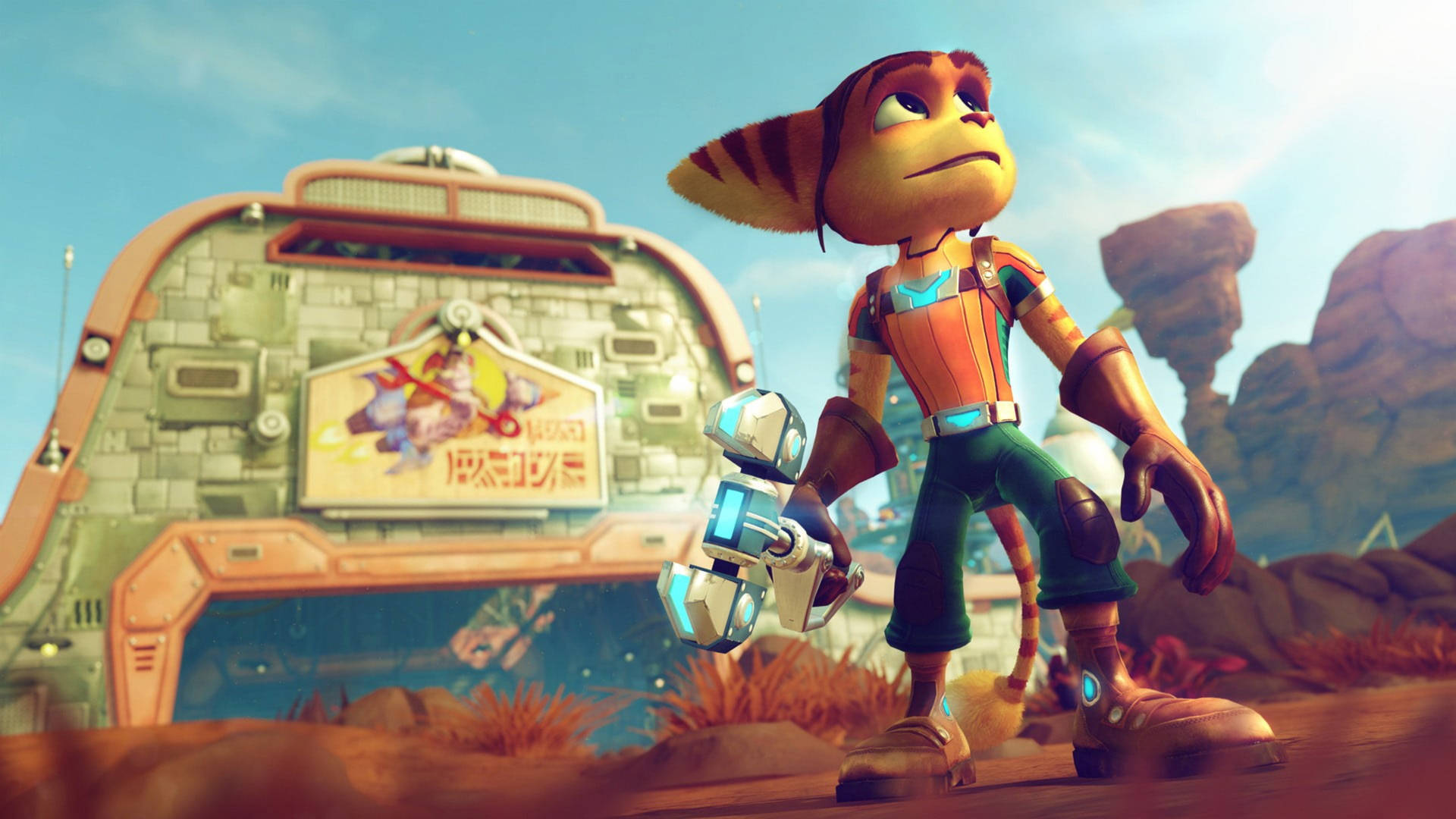 Ratchet the Lombax 在沙漠峽谷中手持扳手，身後有一輛未來風格的車輛。