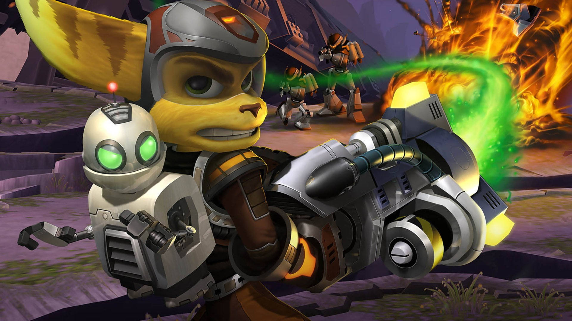 Ratchet Lombax 喺科幻戰鬥中同 Clank 一齊發射綠色能量武器。