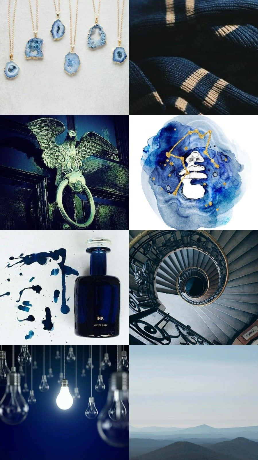 Ravenclaw 風格 — 智慧、機智與創意之家 壁紙 — 八張不同圖片的拼貼，包括藍色瑪瑙項鍊、條紋布料、鷹形門環、水彩星座、墨水瓶、螺旋樓梯、吊燈泡和遠山。