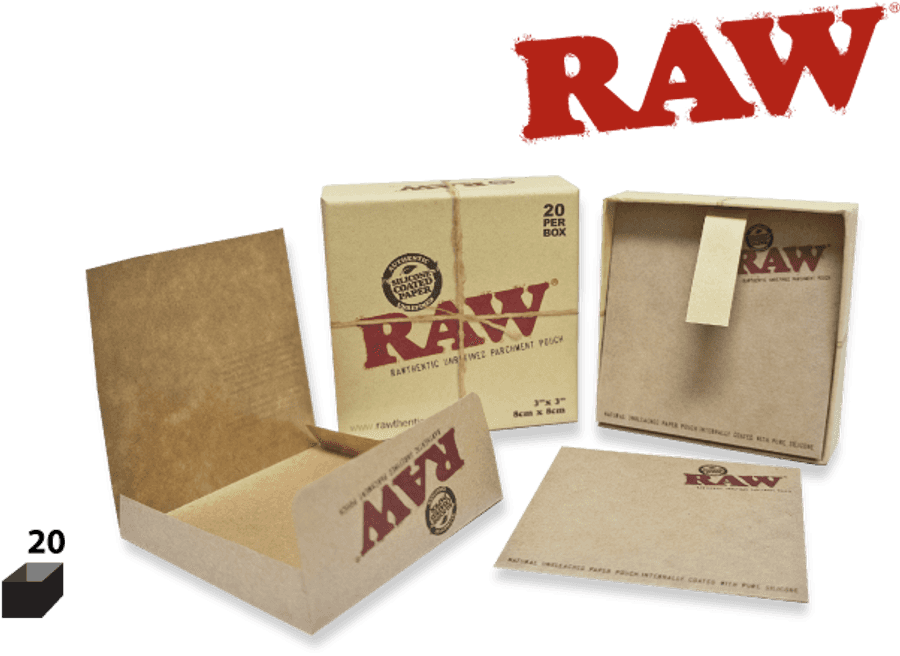 RAW純天然未漂白羊皮紙盒 壁紙 — RAW品牌捲煙紙展示，包括打開的盒子及散裝紙張，背景為純黑色。