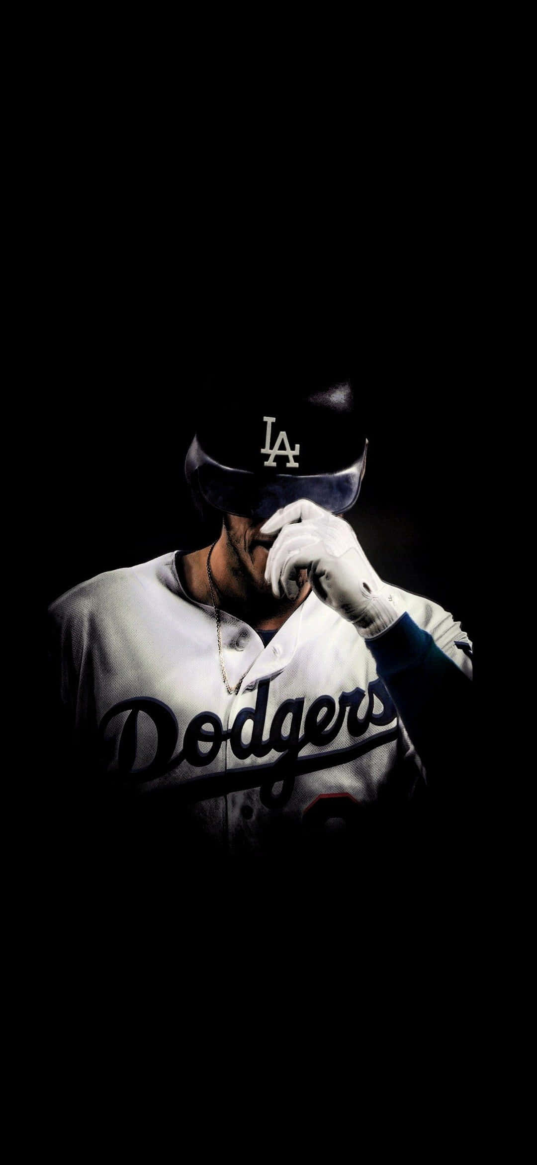Rawlings 棒球靜置綠茵場 壁紙 — 一位身穿道奇隊球衣的棒球選手，在黑色背景下用戴手套的手遮住臉。