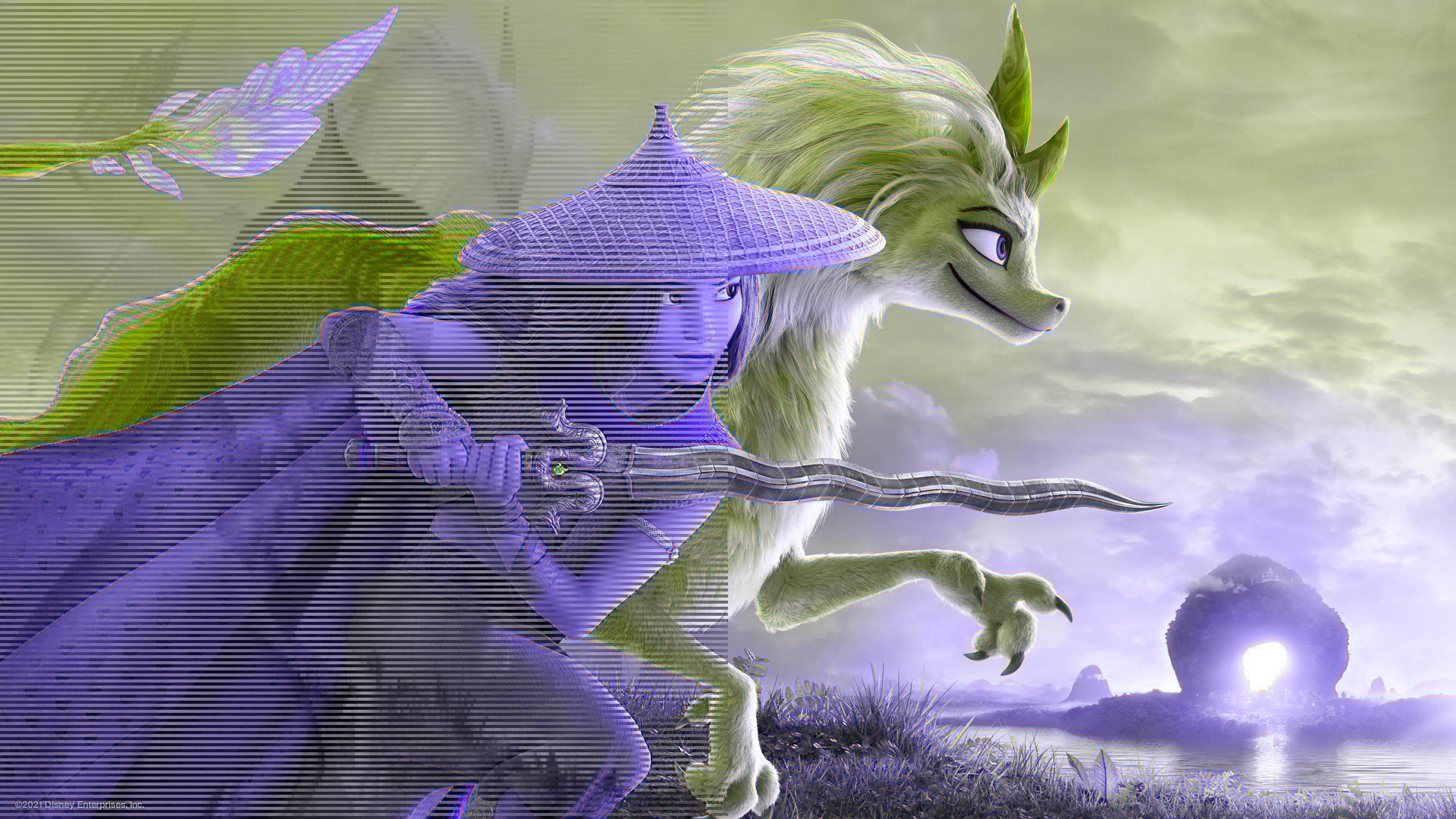 Raya與最後的龍 英雄復古藝術 壁紙 — 一位身穿紫色戰袍的戰士手持劍，站在一條綠色巨龍旁邊，背景是超現實的暮色景觀，有一個發光的球體。
