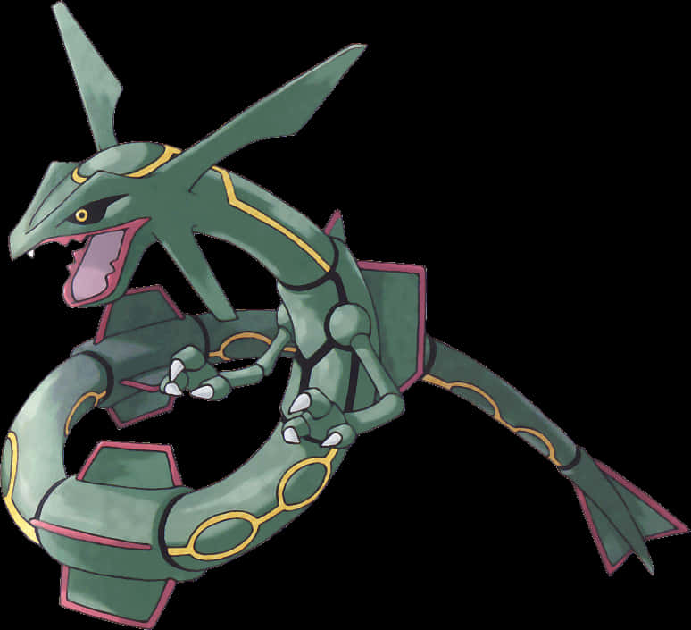 傳說寶可夢 Rayquaza 插畫 壁紙 — 一隻綠色龍形寶可夢，帶有黃色和粉紅色點綴，在黑色背景上動態咆哮。