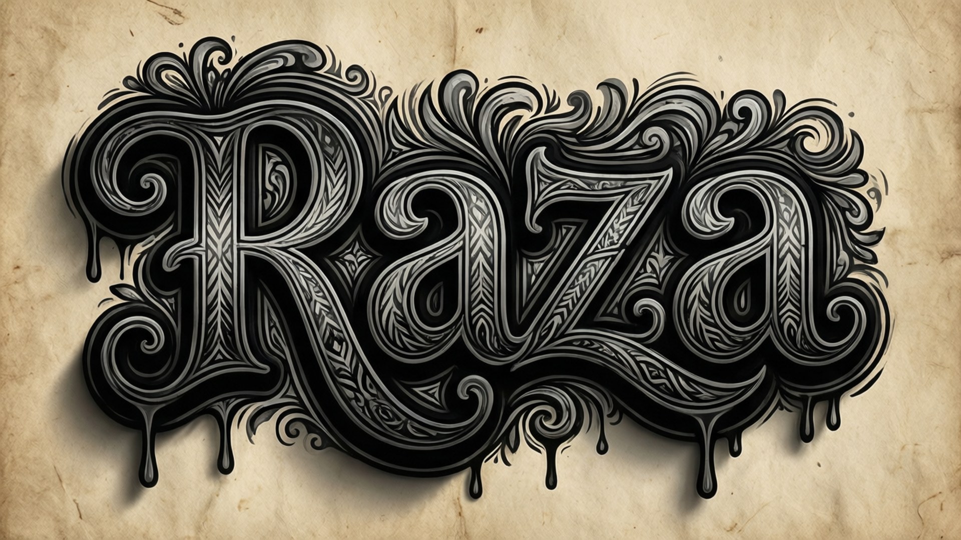 Raza 書法藝術 壁紙 — 單詞 Raza 以華麗的黑體字呈現，帶有複雜的漩渦和滴落效果，位於陳舊的羊皮紙上。