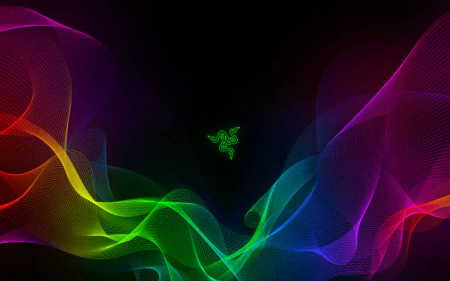 Razer 霓虹色調 4K 壁紙 — 鮮豔的彩虹色數位波浪在黑色背景上動態流動，中央有一個發光的綠色Razer標誌。