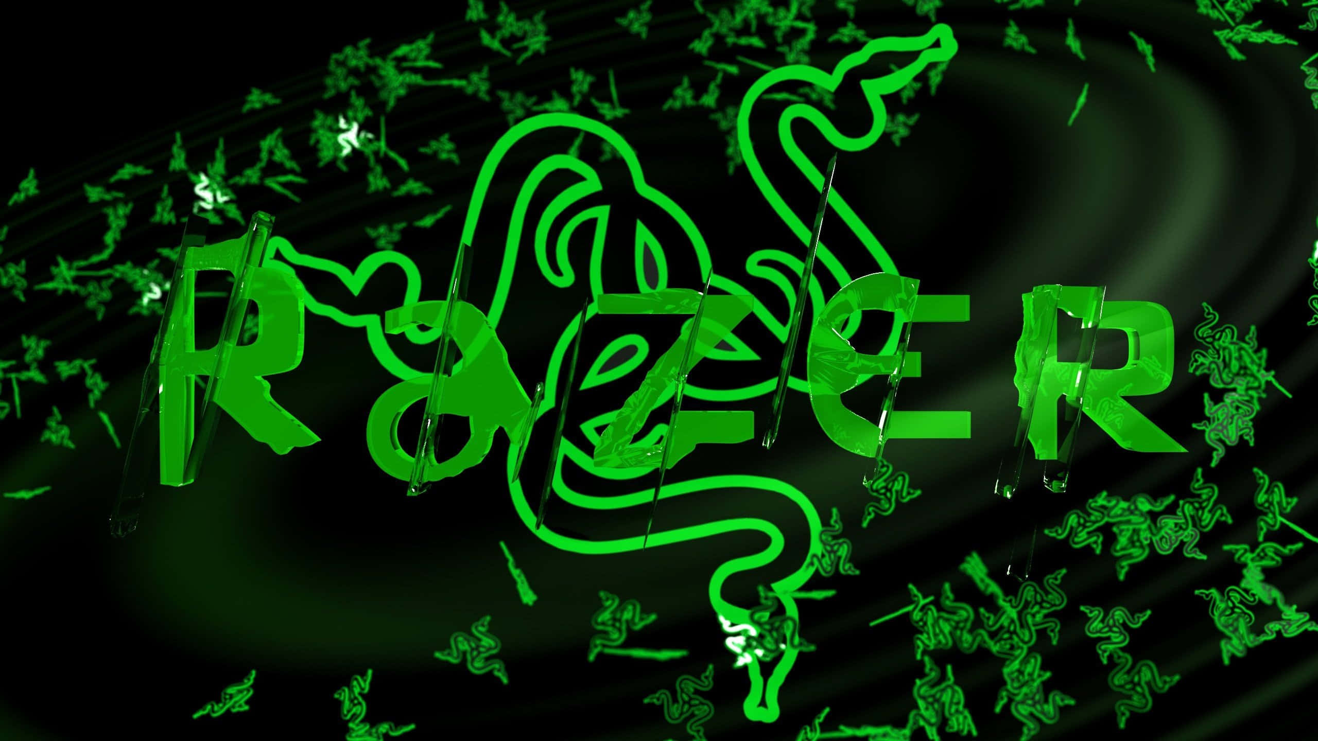 以 Razer 的鋭利視覺釋放你的遊戲野獸 壁紙 — 發光綠色Razer標誌，帶有蛇形徽章和散落的標誌，背景為深色漩渦狀。