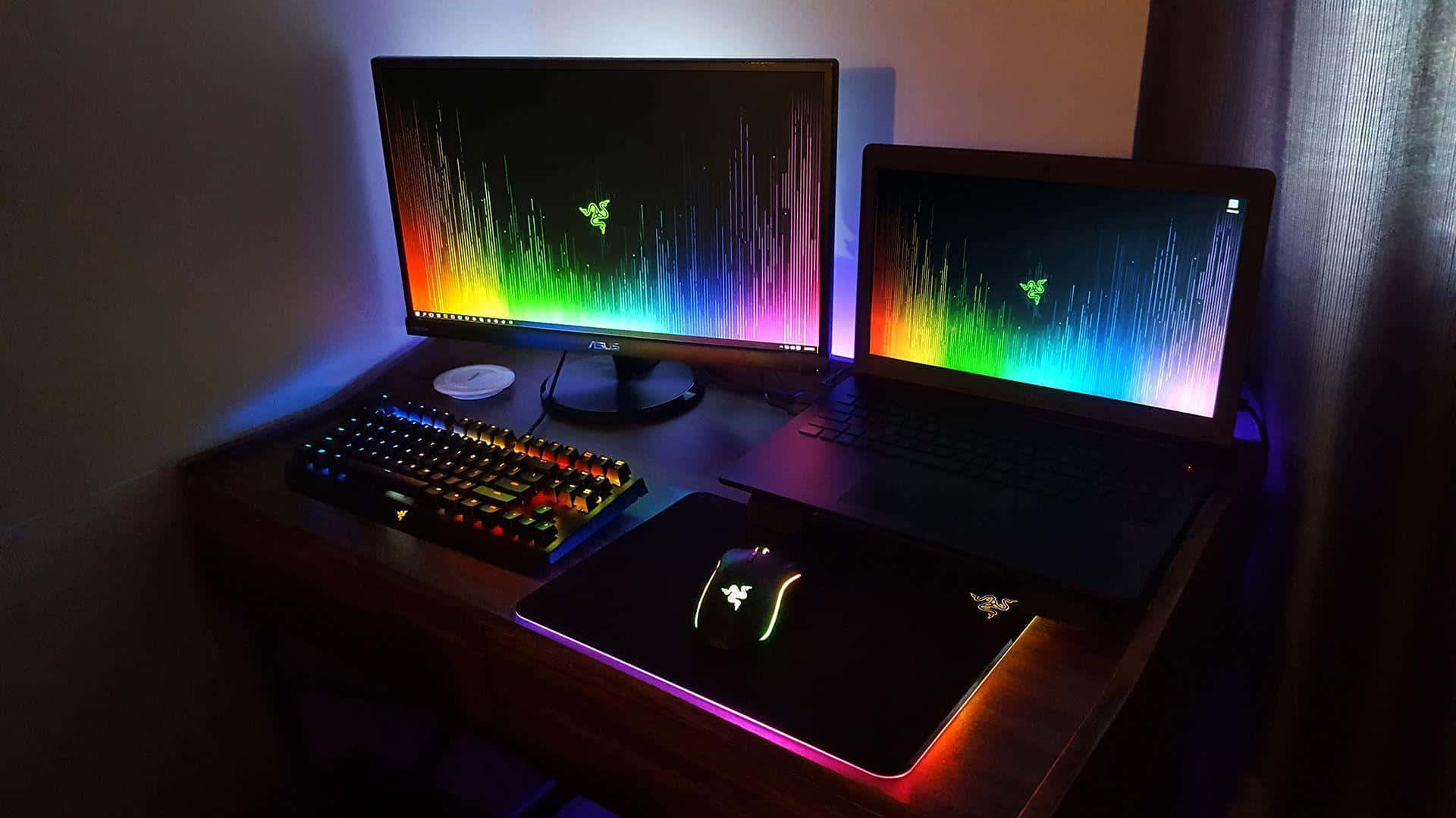 Razer Chroma遊戲設置圖片 壁紙 — 燈光昏暗的遊戲設置，兩個發光的Razer屏幕和週邊設備在木桌上投射出鮮豔的彩虹光。
