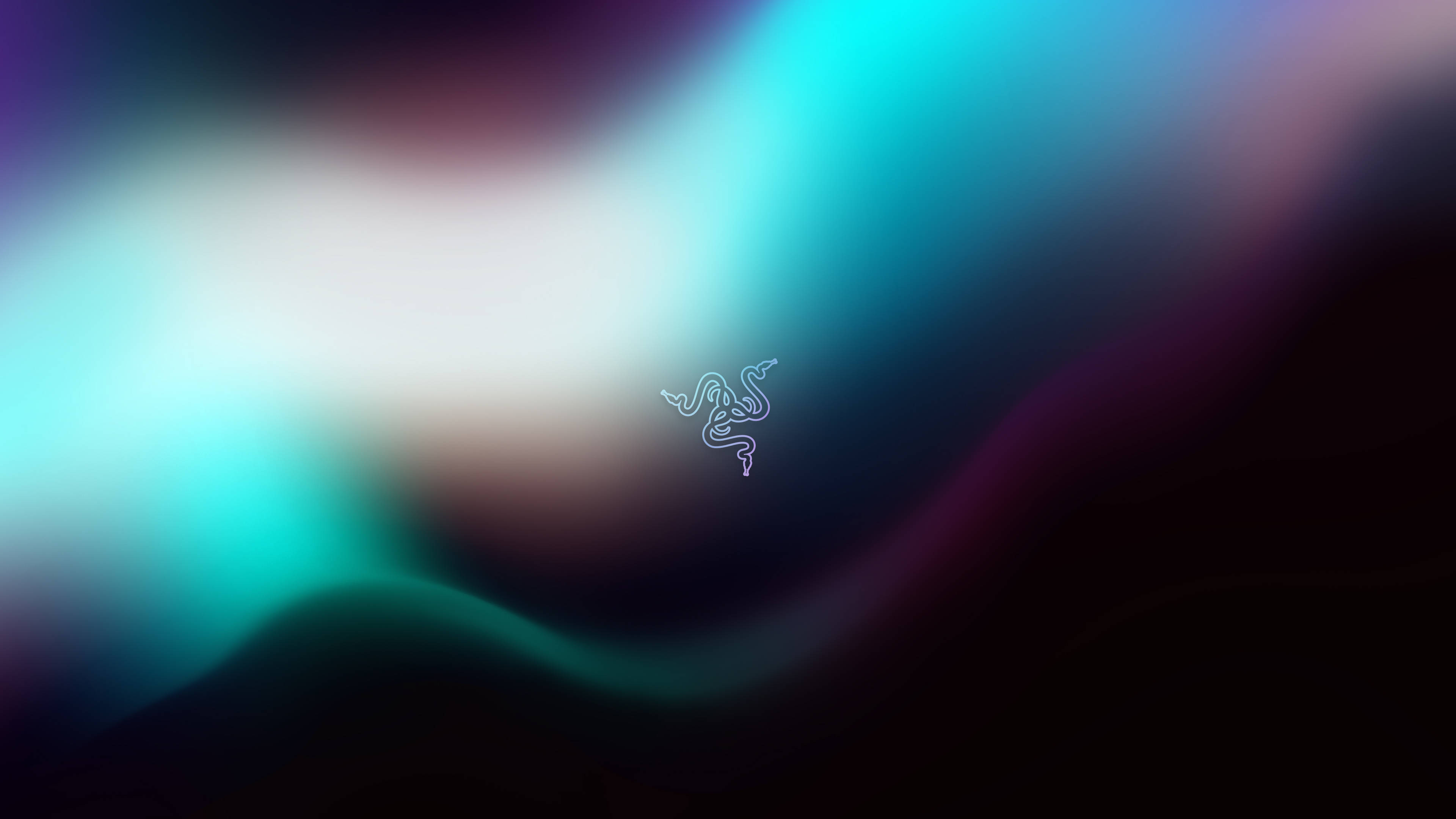 Razer PC Logo 彩色藍漸變 壁紙 — 發光的Razer標誌漂浮在青色、紫色和白色的漩渦漸變中，形成數碼抽象背景。