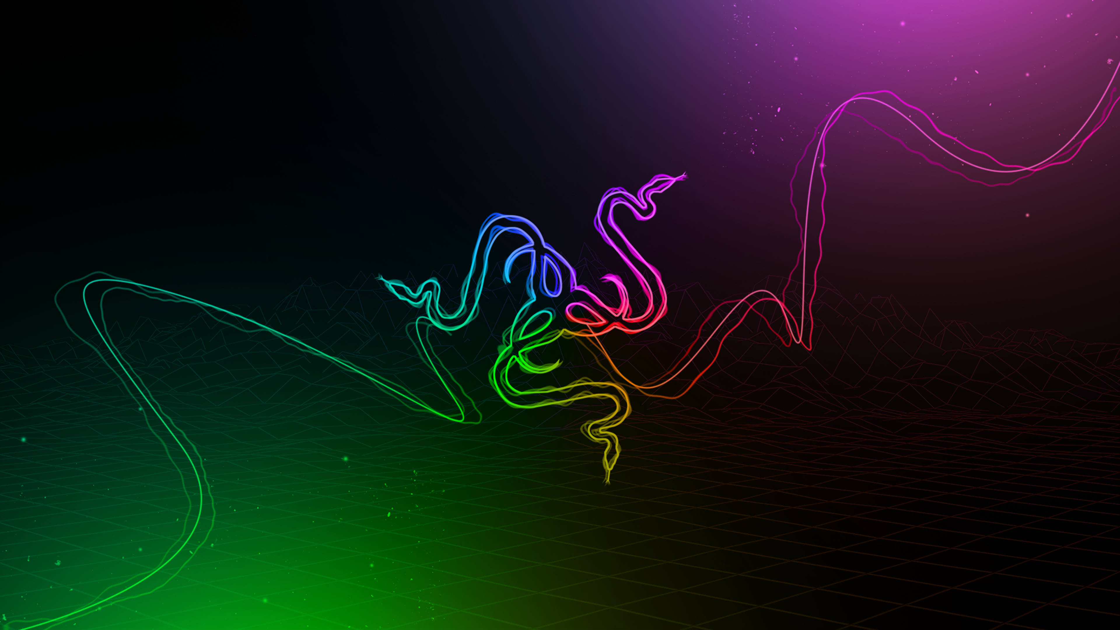 Razer 標誌 RGB 4K 壁紙 — 一個發光的彩虹色蛇形標誌在帶有幾何網格圖案的深色漸變背景上動態流動。