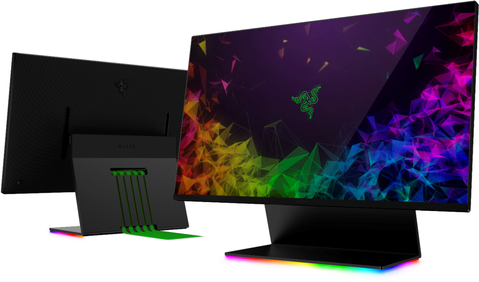 Razer 遊戲顯示器與筆電支架 壁紙 — 兩部Razer電競顯示器，配以鮮豔彩虹LED燈光及幾何圖案牆紙顯示。
