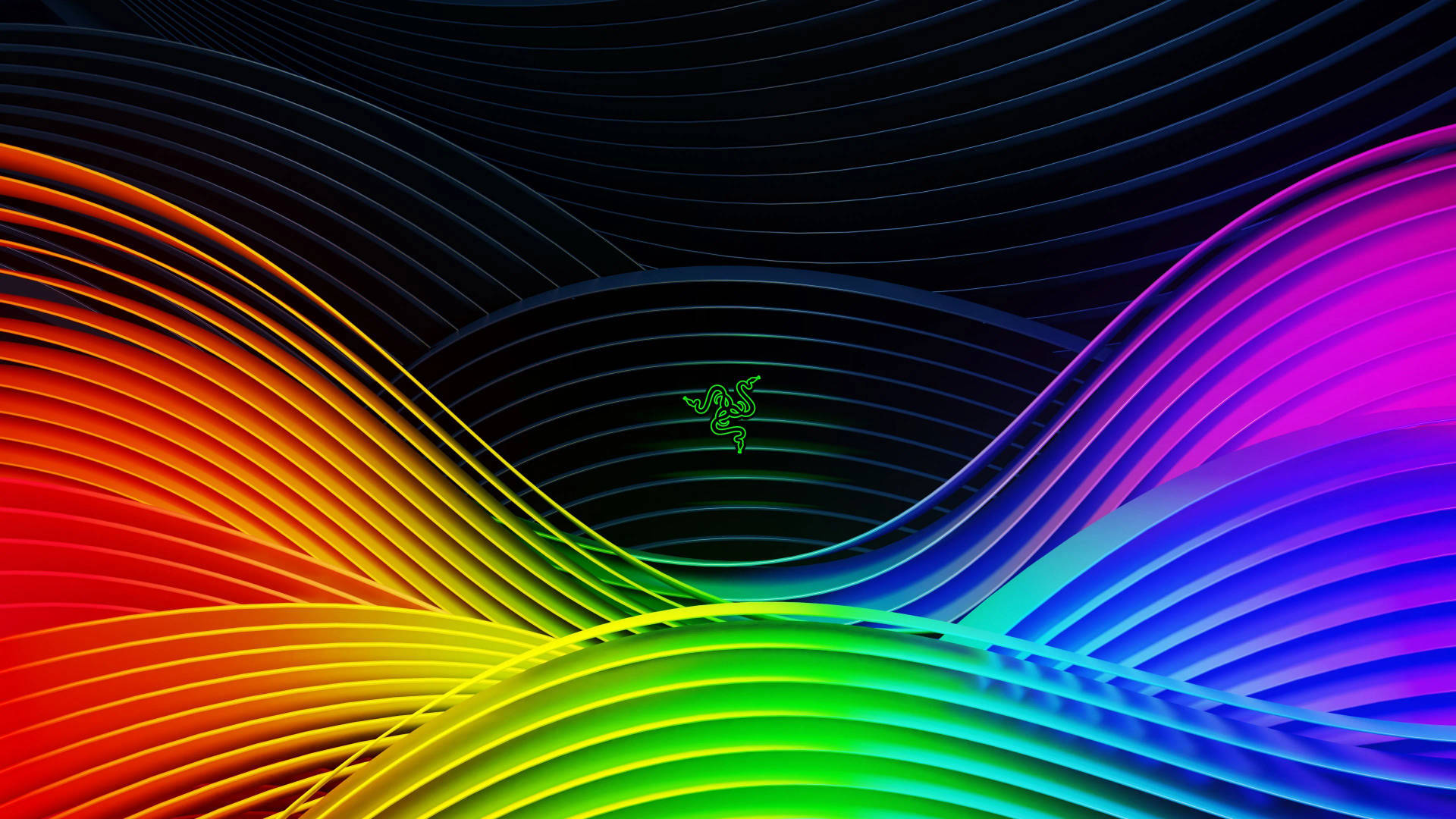 深色背景上帶有發光Razer標誌的動態彩虹波浪