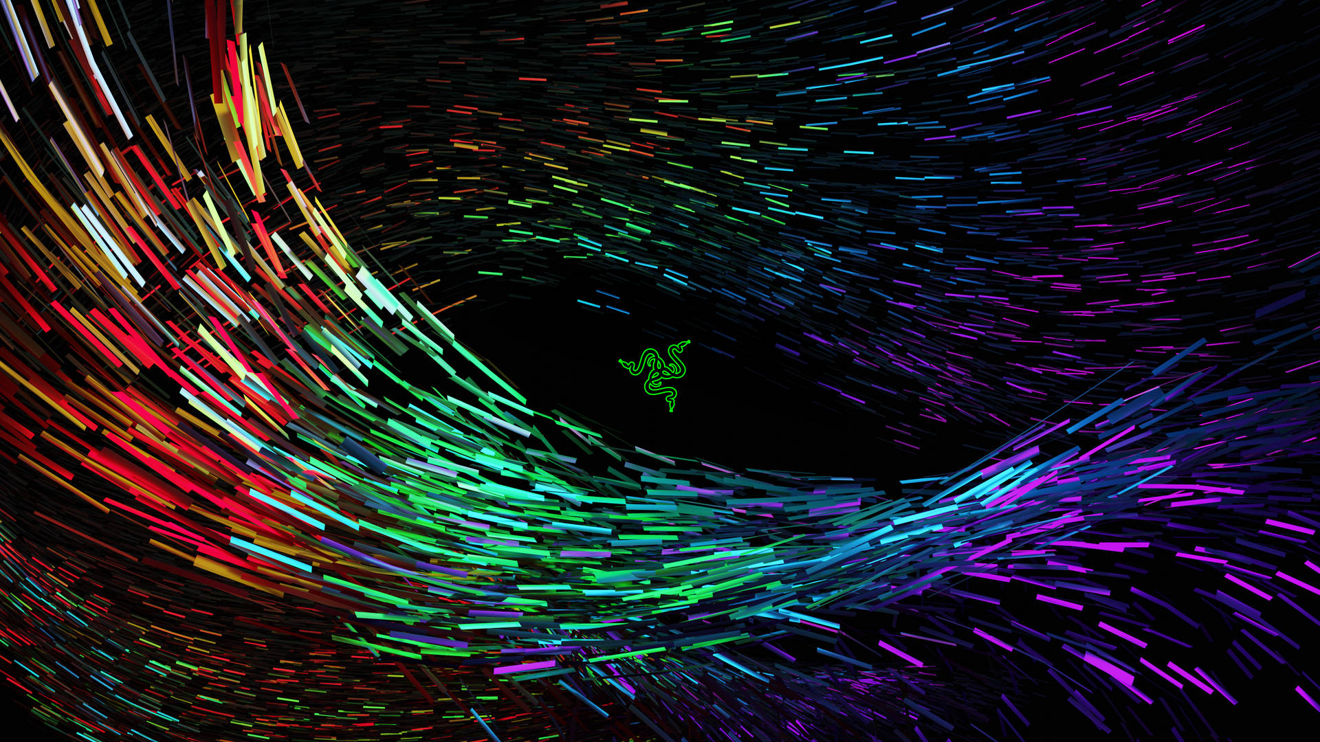 在黑暗的數位空間中，霓虹光條紋圍繞發光的 Razer 標誌旋轉。
