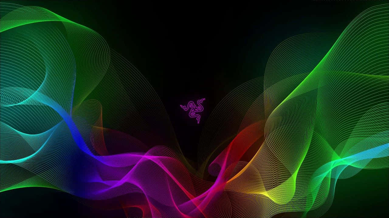 充滿活力的霓虹色漩渦在黑暗背景上流動，中央有一個發光的Razer標誌。