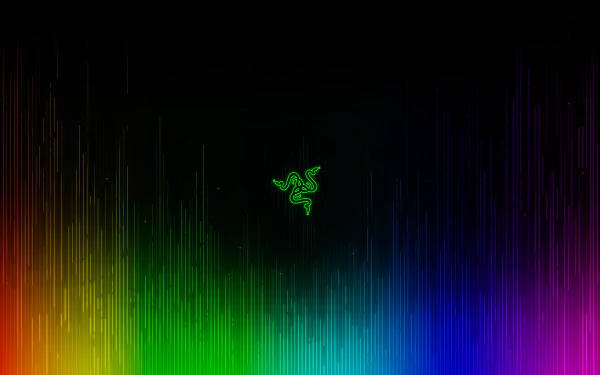 Razer 霓虹 4K 壁紙 — 一個發光的綠色Razer標誌居中於黑色背景上，帶有垂直的彩虹光條。