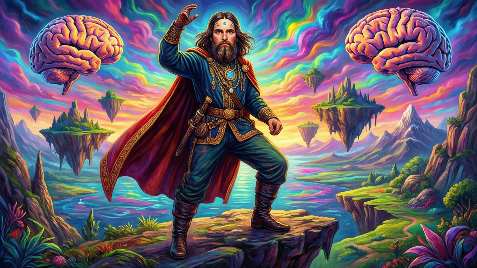 Razputin 站立懸崖 壁紙 — 一位鬍鬚巫師穿著紅色斗篷站在懸崖上，俯瞰著漂浮島嶼，島上有巨大的大腦，天空充滿迷幻色彩。