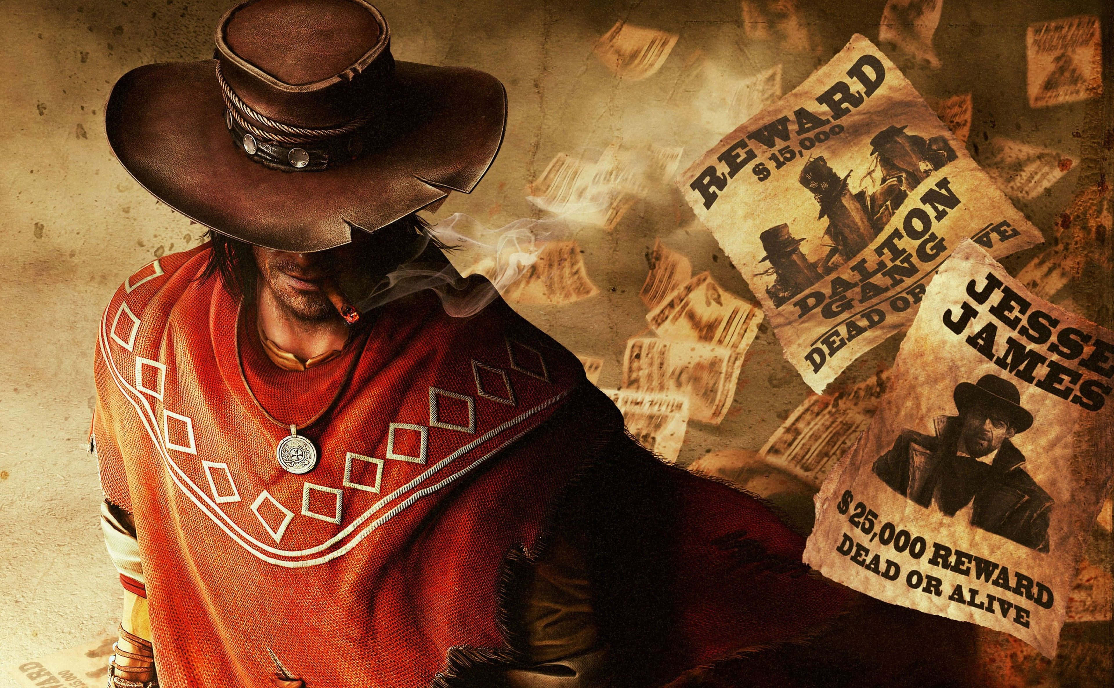 馬斯頓兄弟通緝令 RDR 壁紙 — 一個粗獷的牛仔，身穿紅色斗篷，戴著寬邊帽，抽著雪茄，而傑西·詹姆斯和道爾頓幫的浮動通緝海報在他周圍旋轉。
