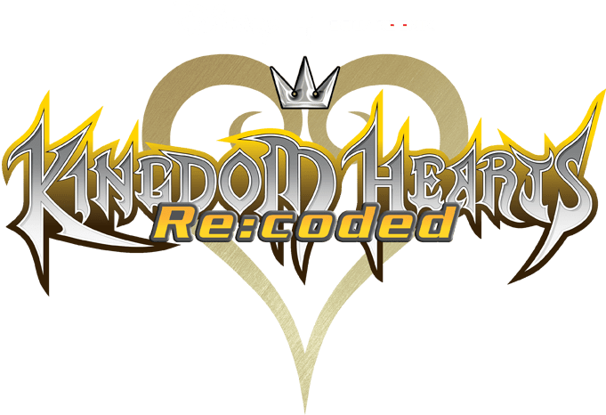 王國之心 Re:coded 標誌 壁紙 — Kingdom Hearts Re:coded 標誌在黑色背景上閃耀著金屬銀色和金色，頂部有一個小皇冠位於風格化的心形標誌之上。
