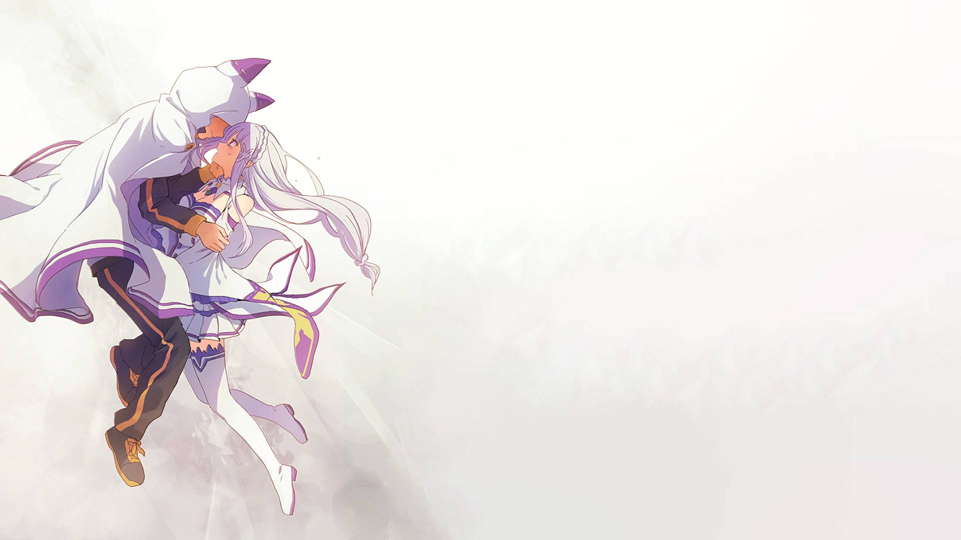 動畫情侶 Re:Zero 壁紙 — 兩個動漫角色在柔和的白色背景上以動態姿勢擁抱，帶有流動的紫色點綴。