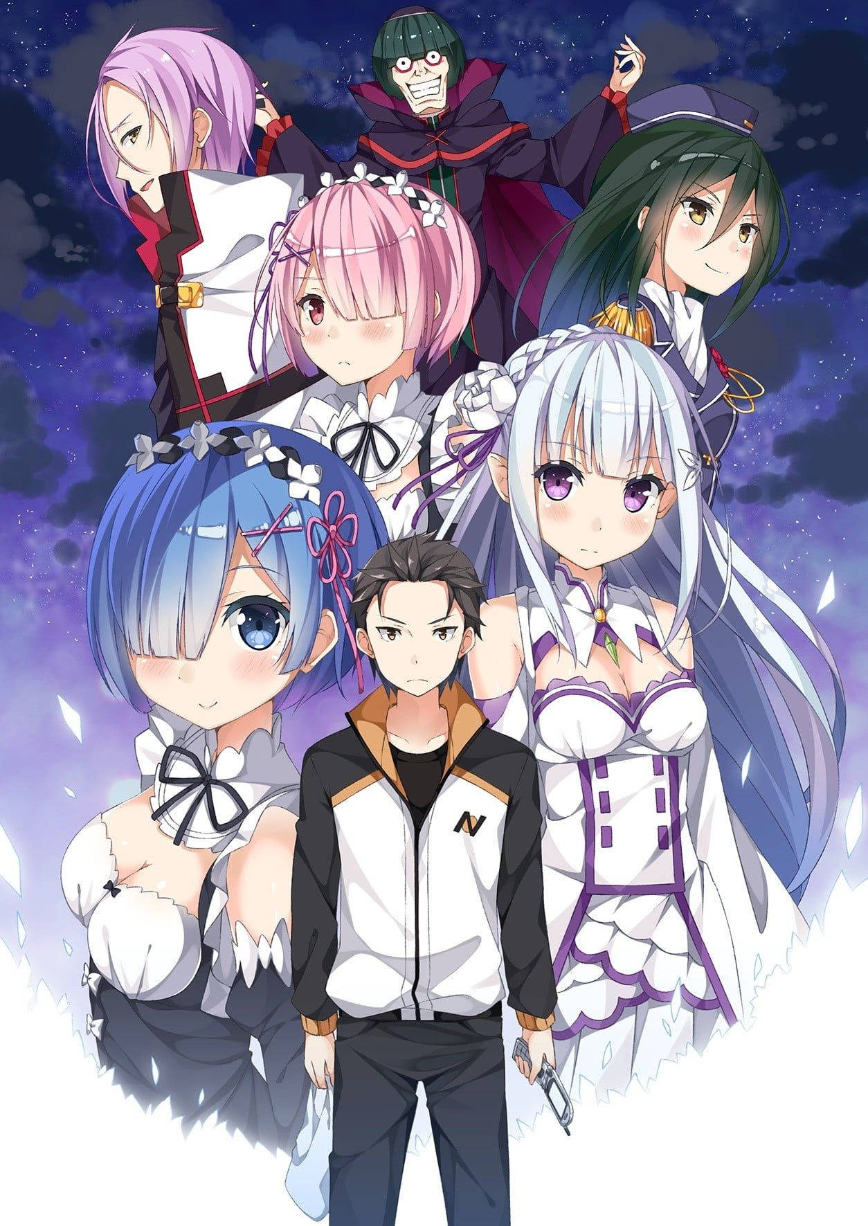 《Re:Zero》Rem 與 Subaru 壁紙 — 一群擁有不同髮色和服裝的動漫角色，在星光閃爍的夜空下，伴隨著發光粒子站在一起。