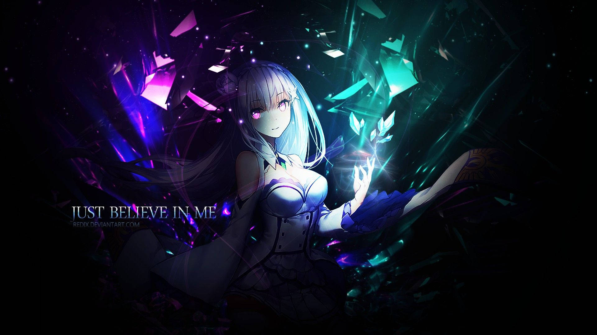 Re:Zero – Starting Life in Another World 的 Emilia 壁紙 — 一個發光的動漫女孩，銀色頭髮和粉紅色眼睛，坐在黑暗宇宙環境中漂浮的紫色和藍綠色水晶碎片之間。