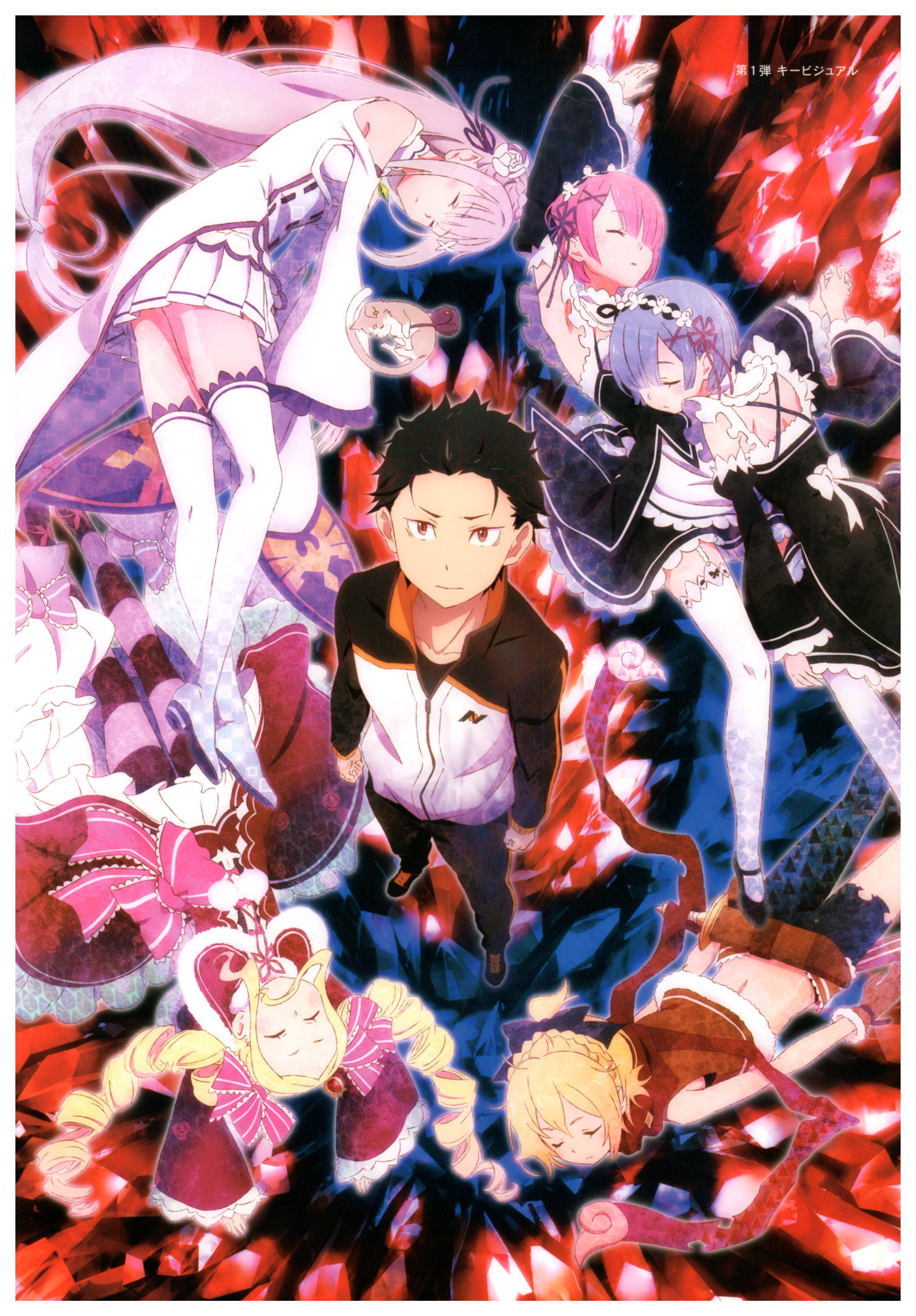 《Re:Zero》 Subaru 面對命運 壁紙 — 一幅充滿動感的動漫插圖，中央男性角色被五位女性角色包圍，在火紅和黑暗的背景前擺出戲劇性的姿勢。