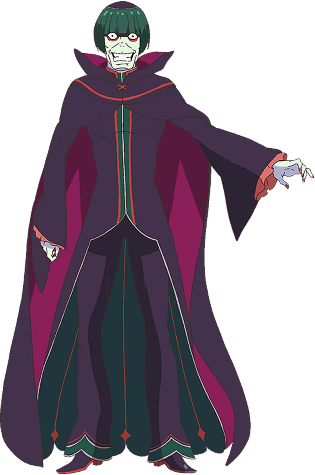 《Re:Zero》中的反派佩特爾蓋斯·羅曼尼·孔蒂 壁紙 — 一個帶有綠色頭髮和蒼白皮膚的威脅性動漫角色，穿著帶有紅色飾邊的飄逸深紫色和洋紅色長袍。