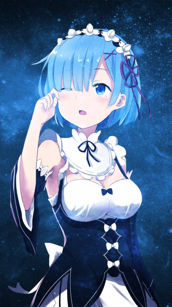 Re:Zero 的 Rem 與星系手機背景 壁紙 — 一位藍髮動漫少女穿著女僕裝，在星空下閉上一隻眼睛擺姿勢。