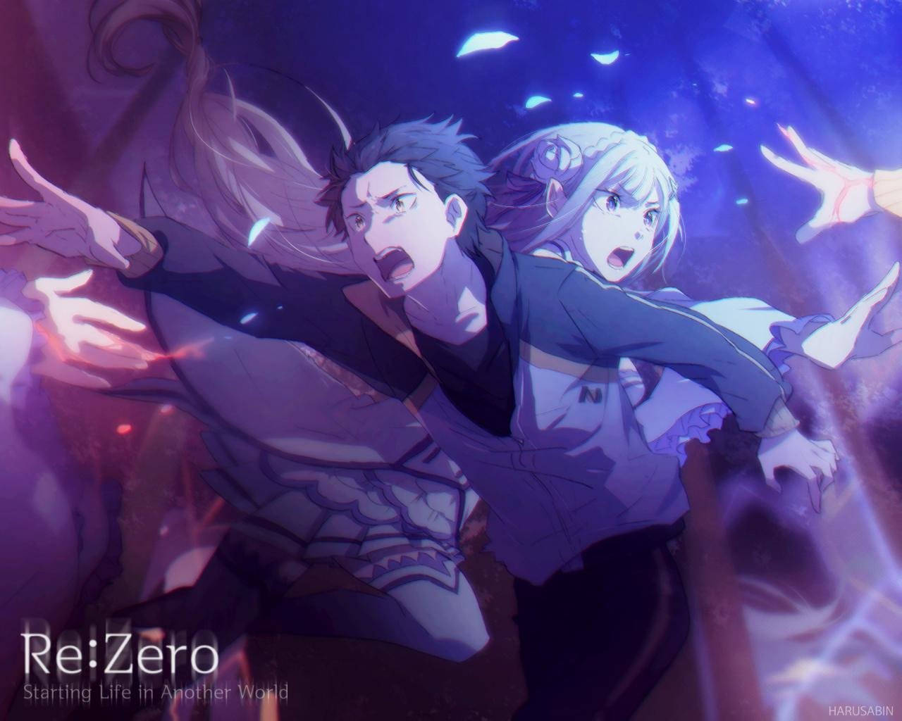 《Re:Zero》艾米莉亞與 Subaru 的溫馨時刻 壁紙 — 兩個動漫角色在發光的紫色宇宙背景下動態移動，伴隨著漂浮的光碎片。