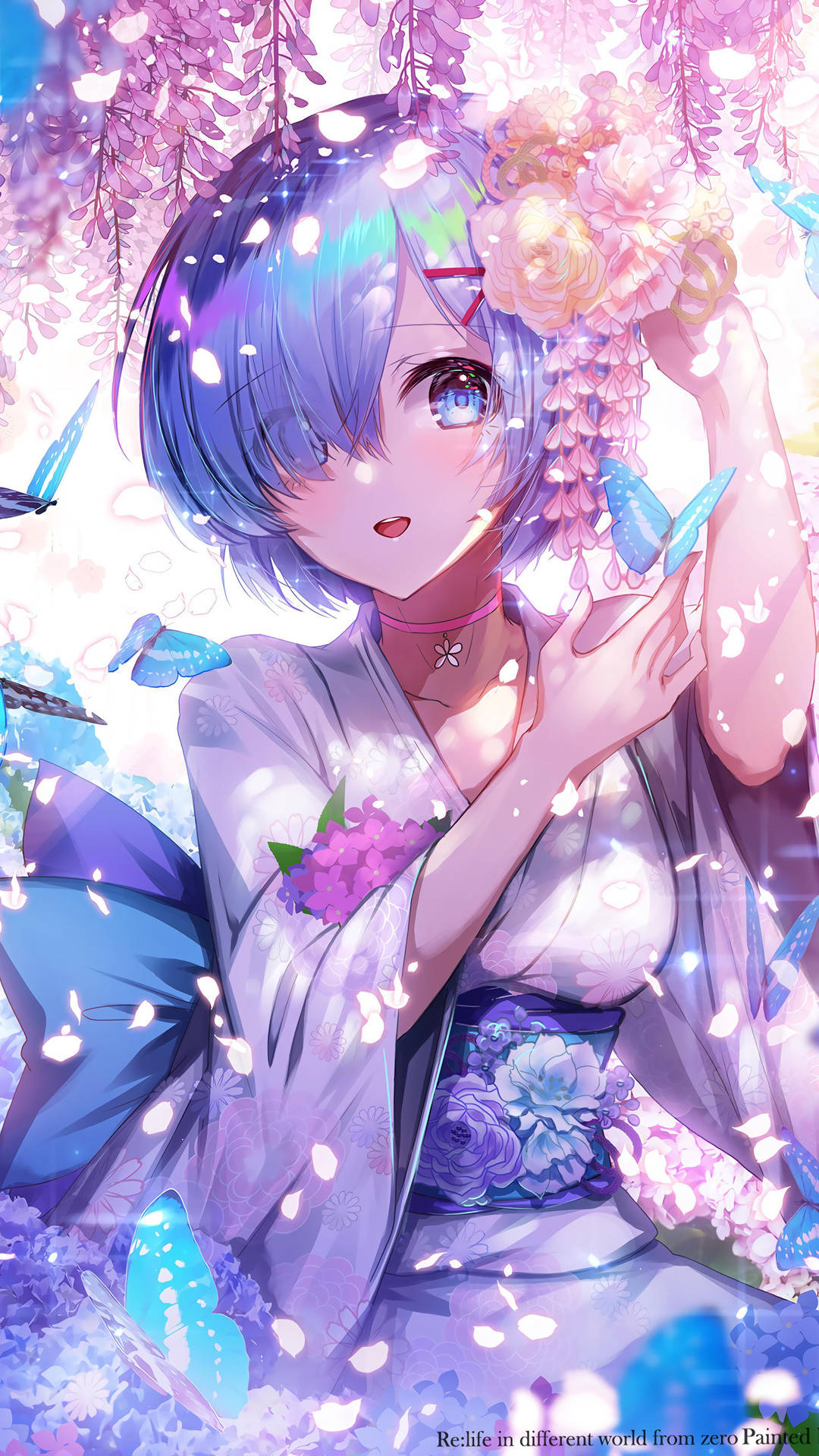 紫藤花下穿著花卉和服的動漫少女與發光蝴蝶