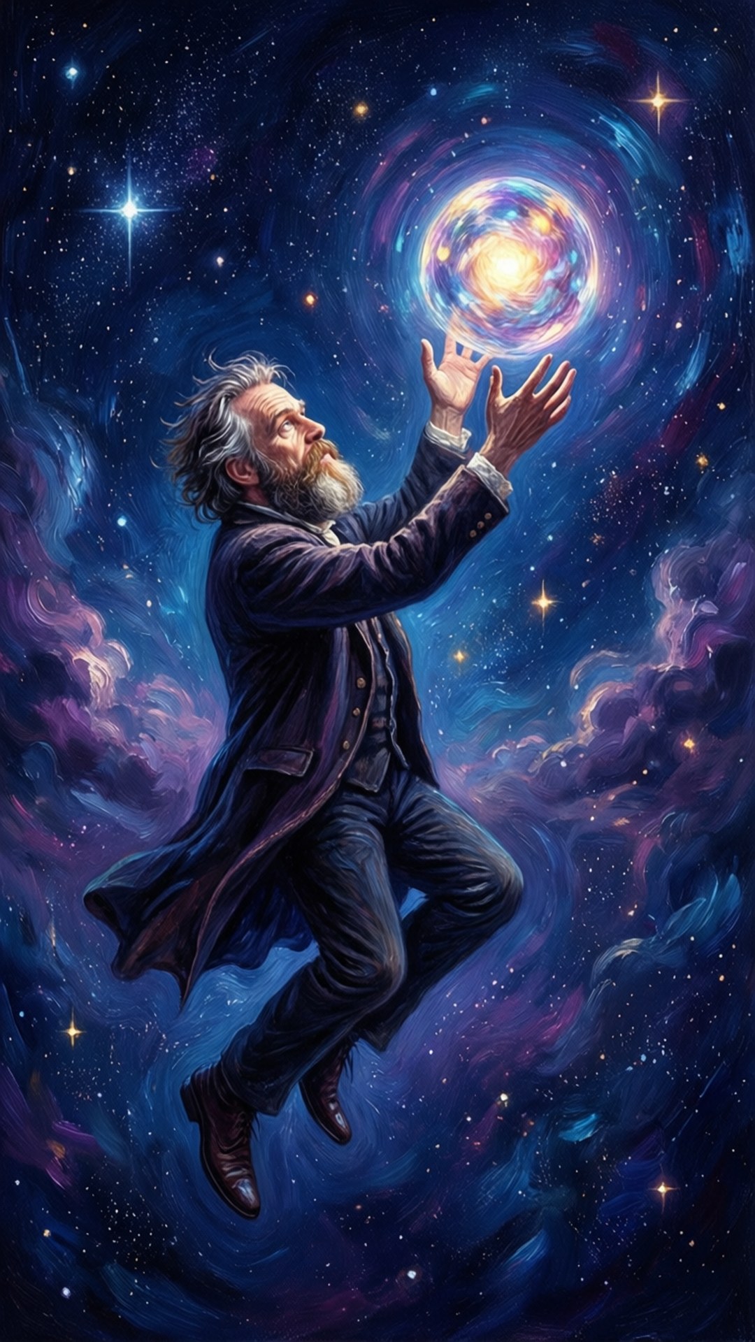 一個留鬍子的男人穿著深色外套漂浮在太空中，伸手觸摸一個發光的星雲。