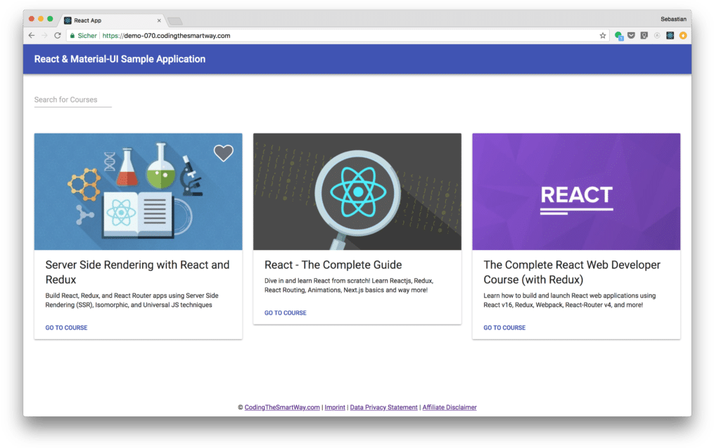 React Material UI 課程平台截圖 壁紙 — 電腦屏幕顯示一個React和Material UI課程網頁，包含三個帶有圖標和文字的彩色課程卡片。