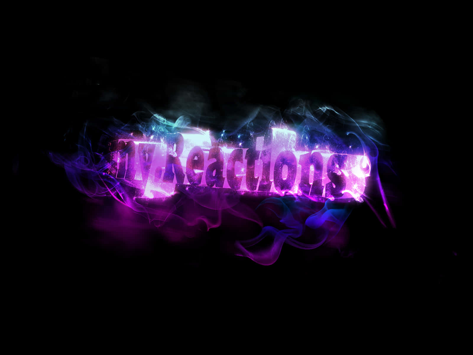  壁紙 — 「Reactions」一詞在黑色背景上散發出電光紫和藍色的能量，周圍環繞著旋轉的煙霧效果。