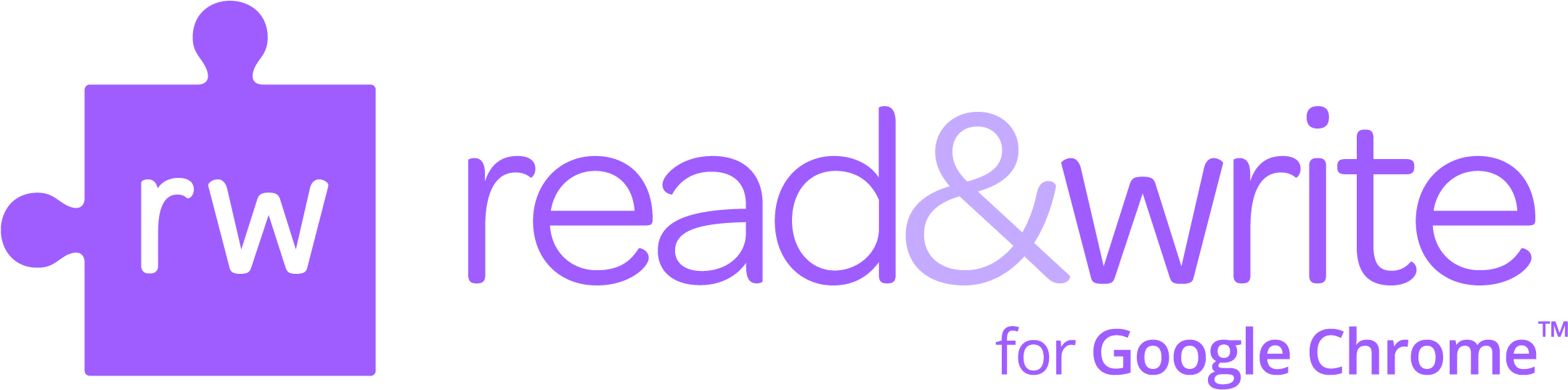 Read&Write Chrome擴充套件標誌 壁紙 — 紫色拼圖塊標誌，白色 rw 字母縮寫位於 'read&write for Google Chrome' 文字旁，黑色背景。