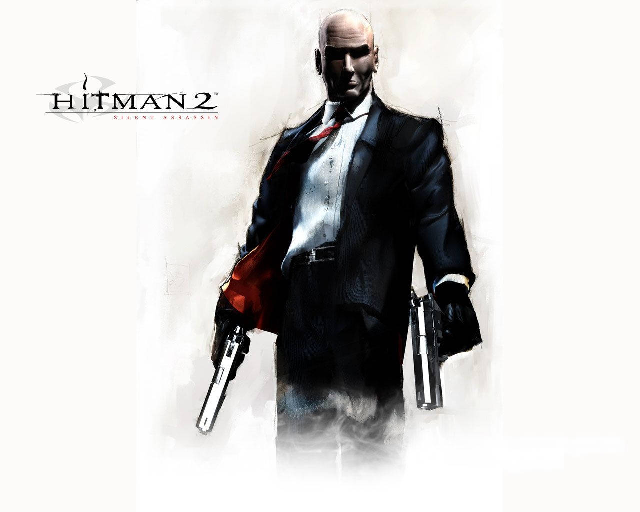 來自《Hitman 2》的沉默刺客在煙霧彌漫的白色背景上手持兩把手槍。