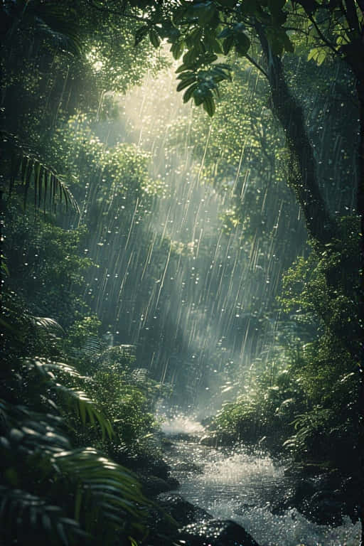 雨水穿過叢林樹冠，落在湍急的溪流上，周圍環繞著茂密的綠色蕨類植物和樹木。