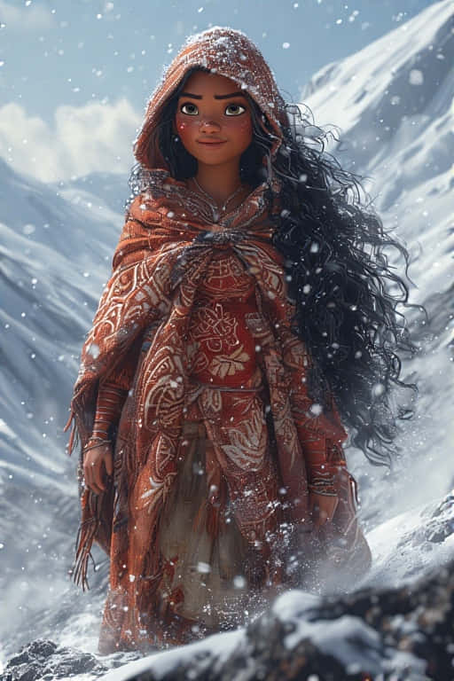 年輕女性穿著橙色圖案斗篷站在雪山中，雪花飄落