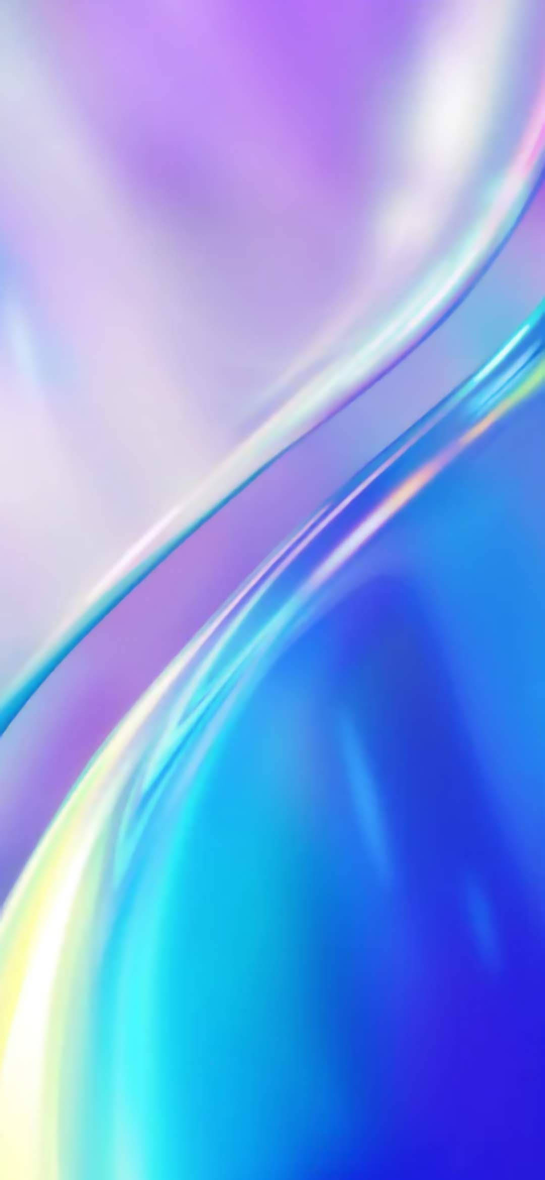 Realme 7 Pro 紫藍抽象流體 壁紙 — 流動的抽象漸變色，包含紫色、藍色和黃色，帶有光澤曲線和柔和的光線反射。