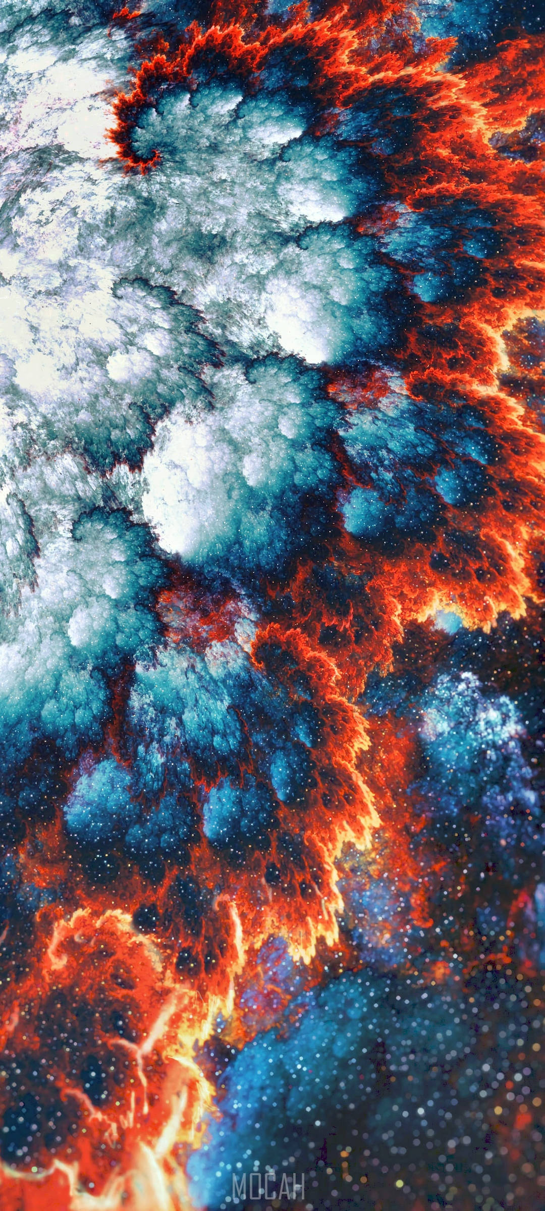 Realme 7 Pro 藍橙星雲壁紙 壁紙 — 充滿活力的宇宙星雲漩渦，呈現火熱橙色與冷藍色，閃爍的星星點綴在動態的太空場景中。