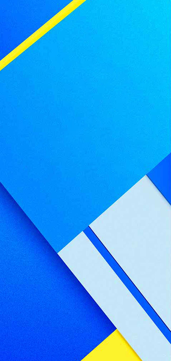 Realme 几何藝術 壁紙 — 充滿活力的藍色和黃色幾何形狀，以清晰的線條和分層平面創造出大膽的現代抽象構圖。