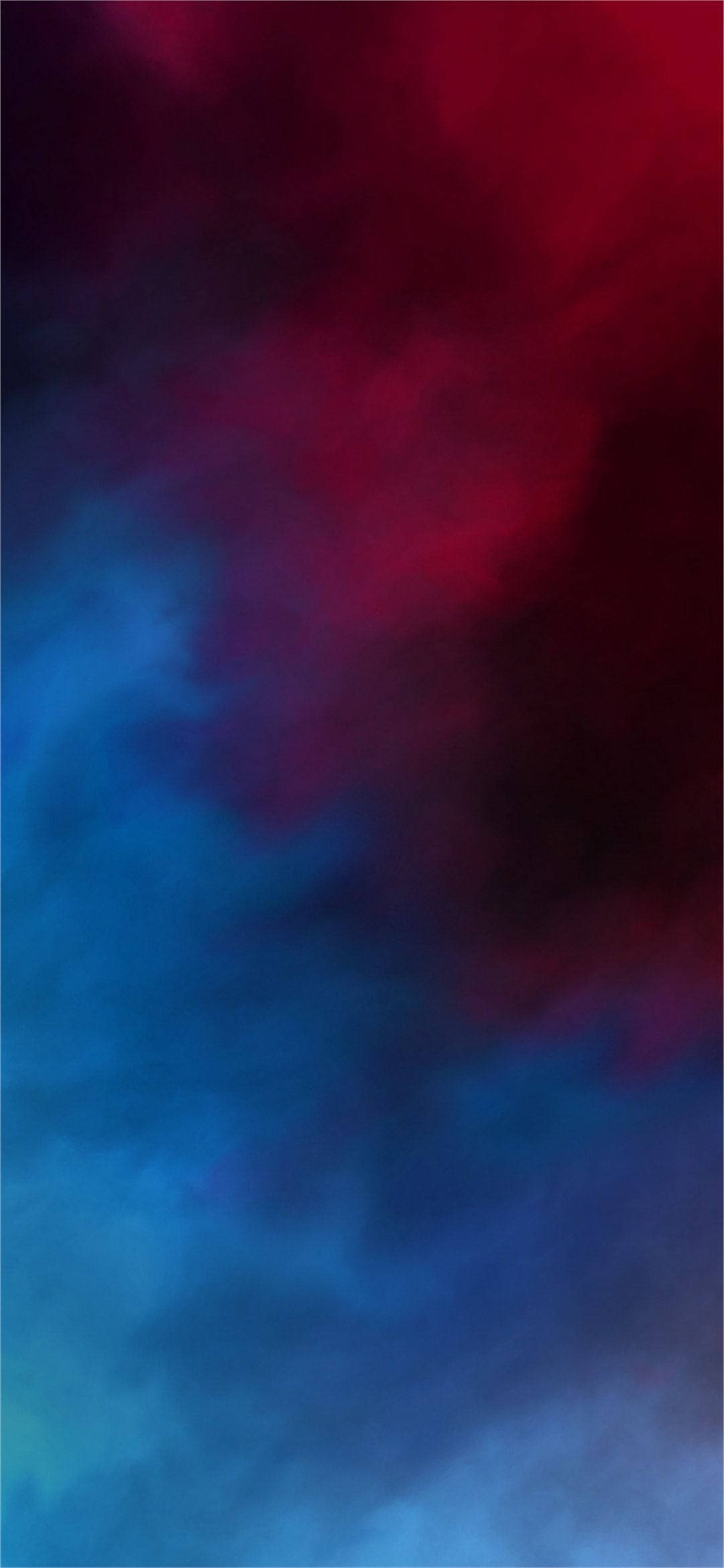 Realme 紅藍煙霧 壁紙 — 鮮豔的紅色和藍色煙霧在深色背景上形成戲劇性的抽象漸變漩渦。