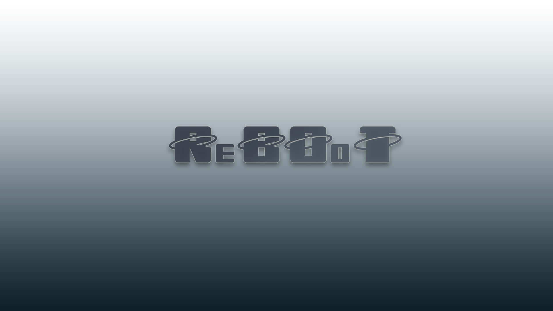 「reboot」一詞以風格化的灰色字母和圓形裝飾，置於漸變背景上。