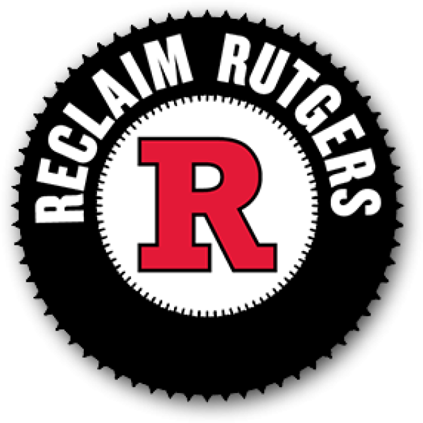Reclaim Rutgers 標誌 壁紙 — 黑色背景上白色圓圈內有粗體紅色R標誌及「RECLAIM RUTGERS」文字。