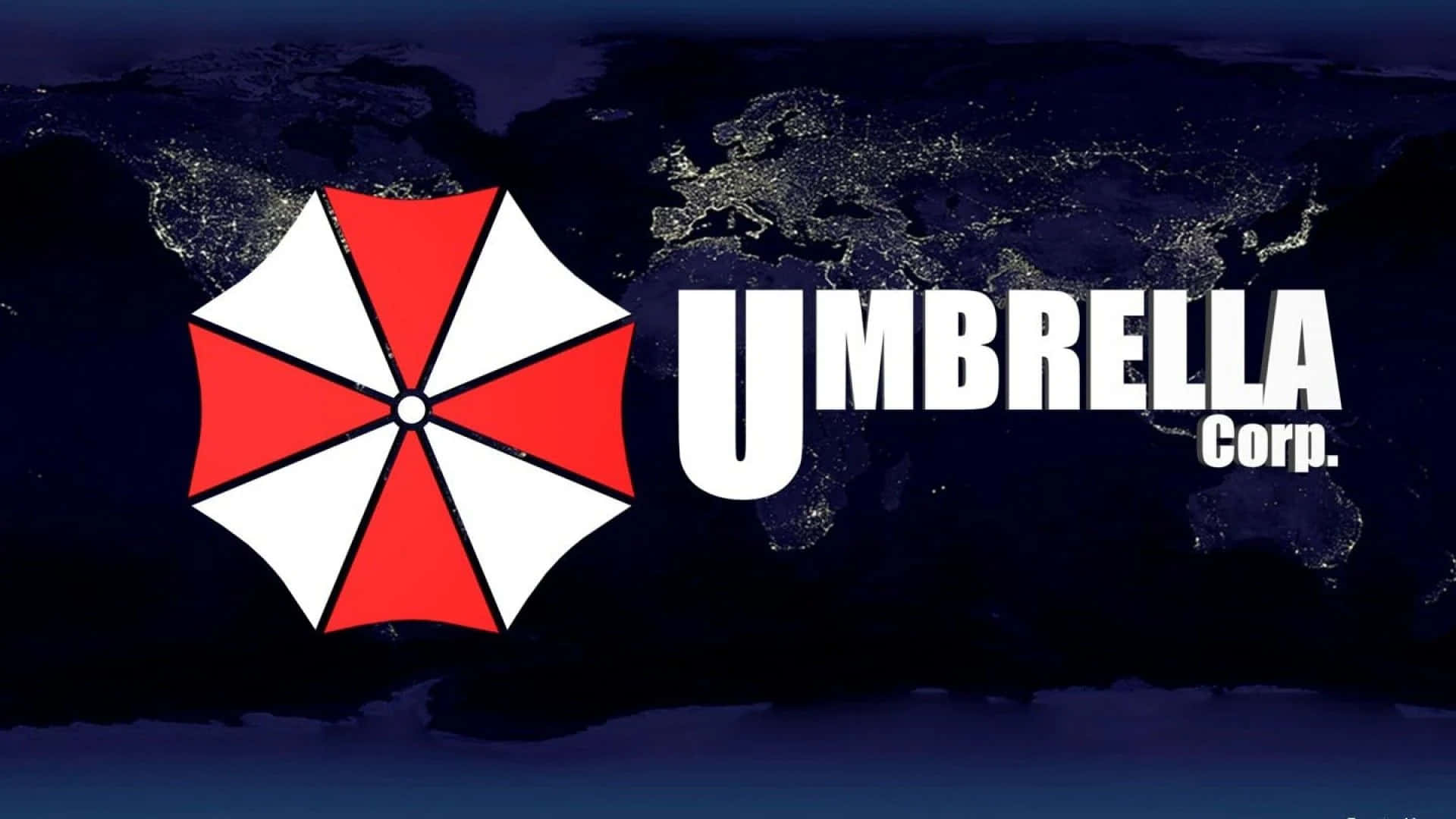  壁紙 — Umbrella Corp 的紅白雨傘標誌漂浮在帶有發光城市燈光的地球夜間地圖上。