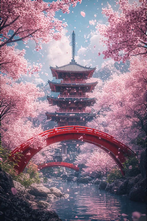 京都塔與櫻花寧靜日本 4K 壁紙 — 一座紅色拱橋橫跨在平靜的河流上，下方是高聳的寶塔，周圍盛開著粉紅色的櫻花。