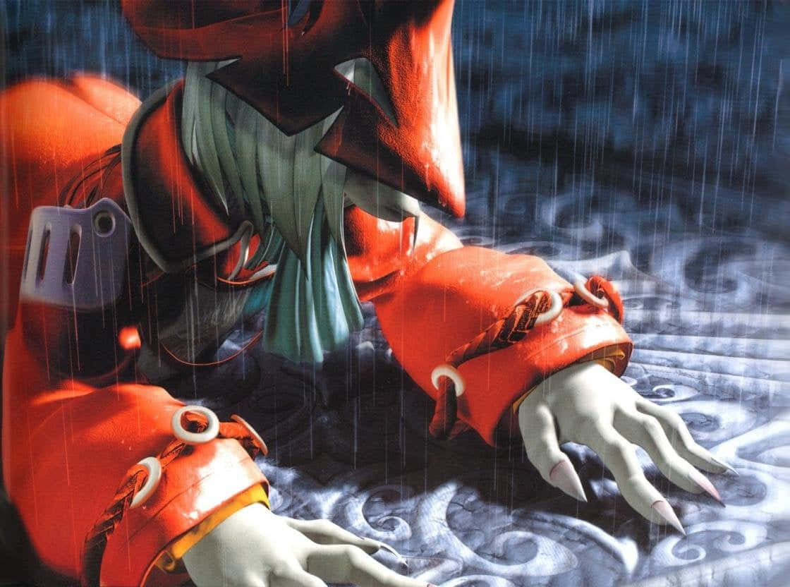 Final Fantasy Ix 桌布 壁紙 — 一個紅色裝甲人物，蒼白雙手，跪在雨中，身下是旋轉的藍色圖案表面。
