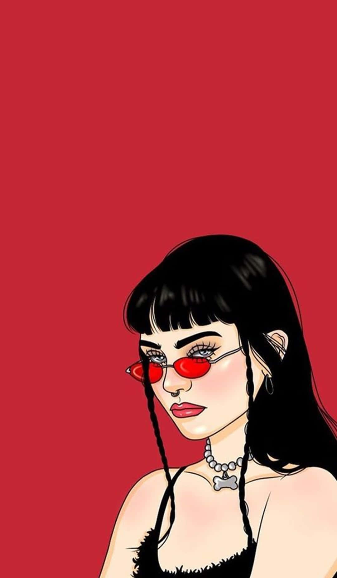 Red Baddie Girl 壁紙 — 一個風格化的插圖，描繪一位擁有黑色辮子和紅色太陽眼鏡的女性，背景為純紅色。