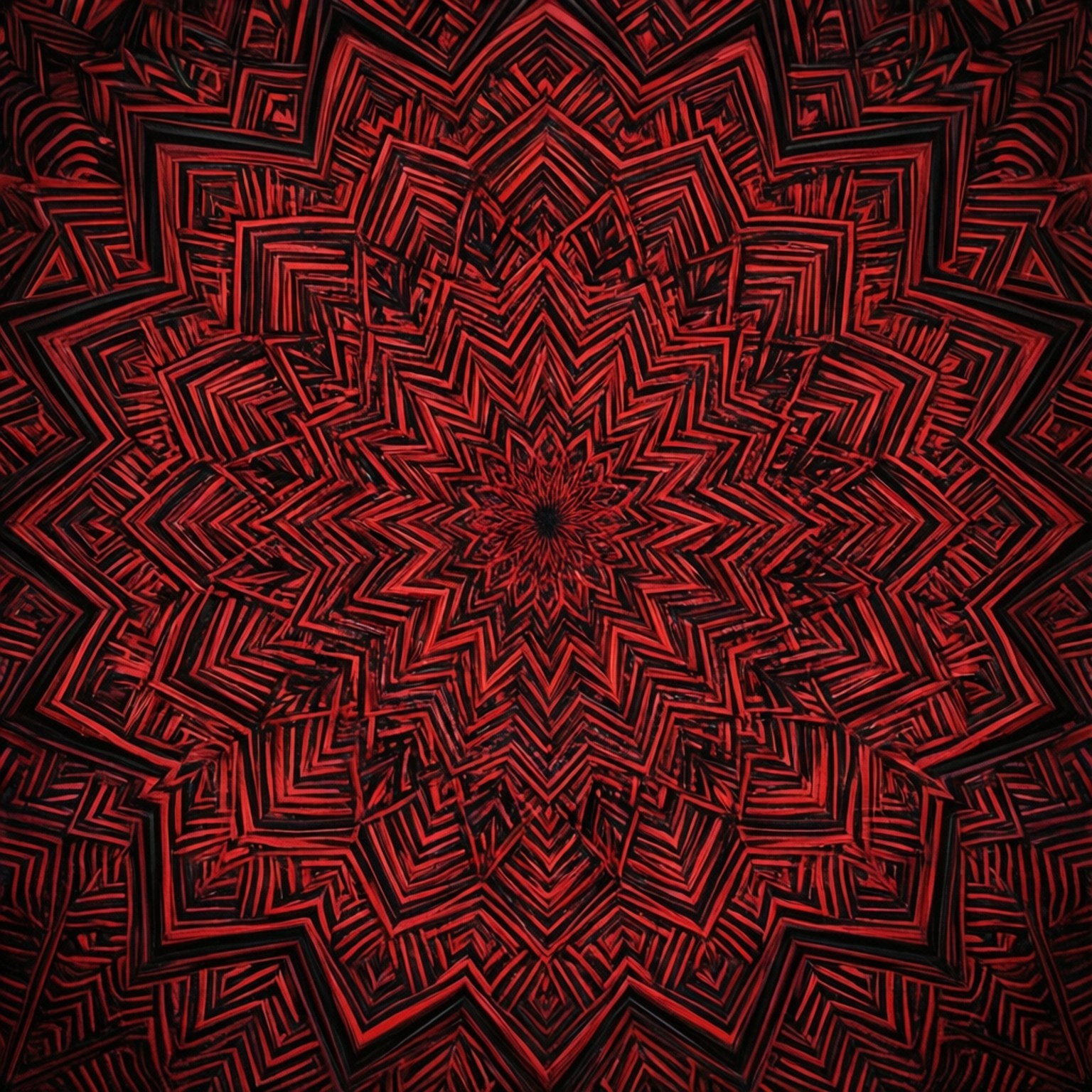 紅黑幾何曼陀羅，帶有向外放射的銳利角形圖案。